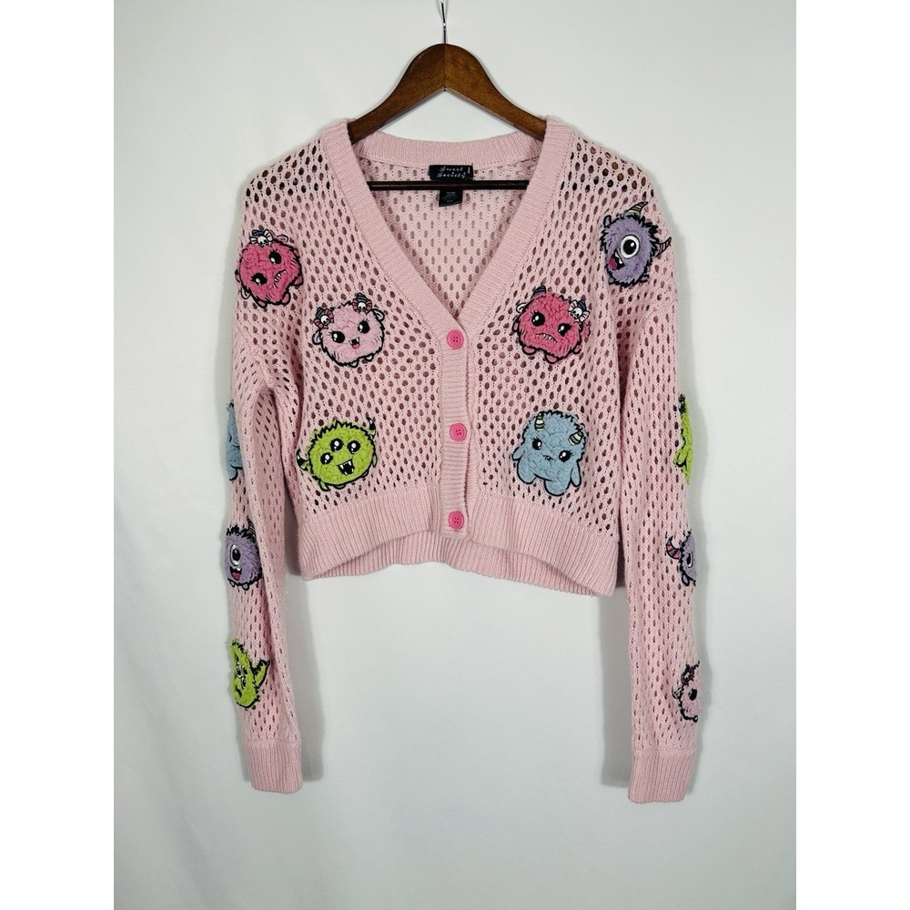 Sweet Society Pink‎ Fuzzy Monsters Open Knit Cardigan Sweater Size L Kidcore